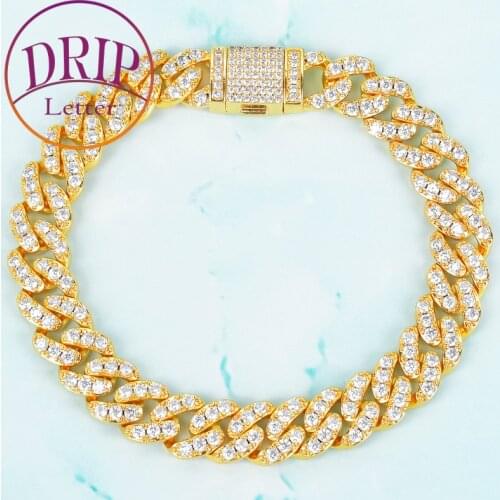 10mm Bracelet Gold Color Miami Cuban Link Bling Women Jewelry AAAA Zircon Charm Hip Hop Chain