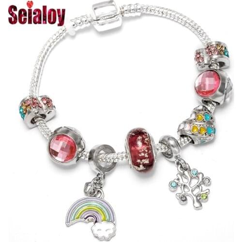 Europe Fashion Brands Bracelets For Women Original Colorful Crystal Hearts Beads Rainbow Charm Bracelet Bangle Gifts