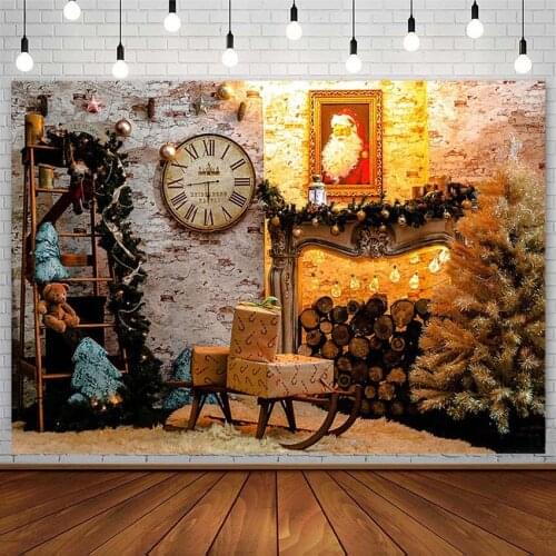 Winter Christmas Tree Backdrop Gift Fireplace Santa Toy Bear Retro Brick Wall Photography Background Photostudio Photozone Decor