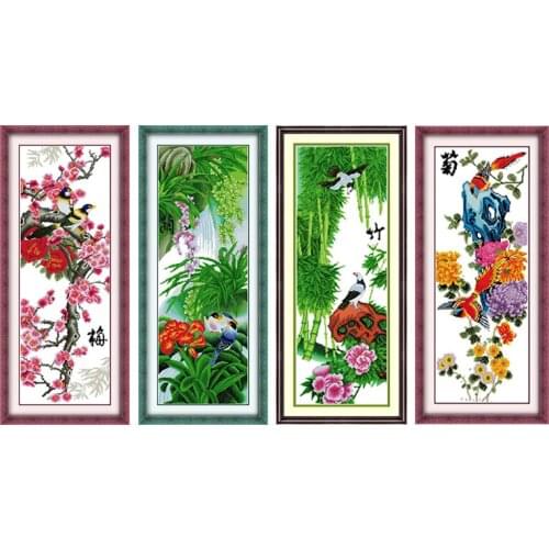 Plum Orchid bamboo chrysanthemum quadruple hanging painting chinese counted printed pattern cross stitch diy kits dmc embroidery