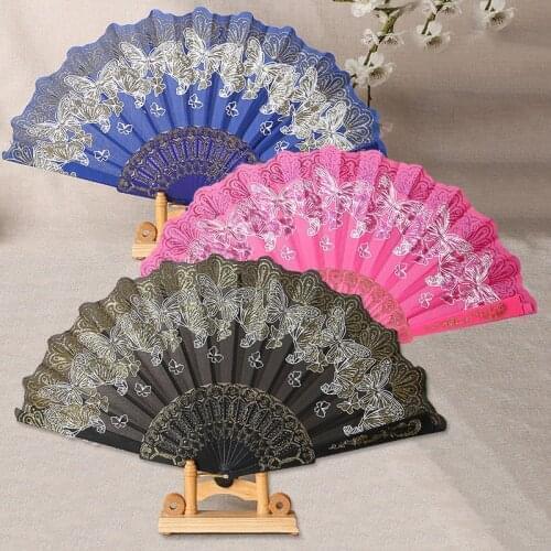 Chinese Style Fan Pattern Folding Dance Wedding Party Lace Silk Folding Hand Held Flower Fan Girl Women Photo Prop Art Craft