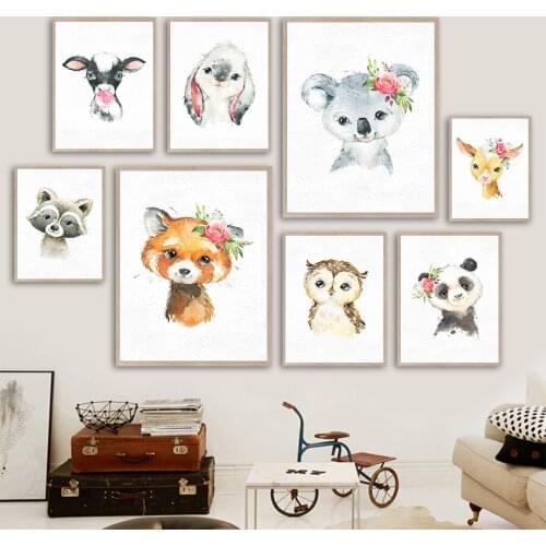 Cow Bunny Raccoon Koala Fox Owl Panda Flower Wall Art Canvas Painting Nordic Posters And Prints Wall Pictures Kids Room Decor