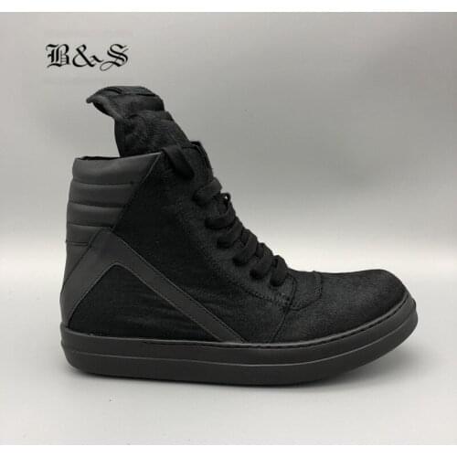 Black& Street Rock Darkness Cool Trend Horse Fur Full Black Genuine Leather Handmade Boots Hip Hop Lace Up Sneaker Trainer Boot