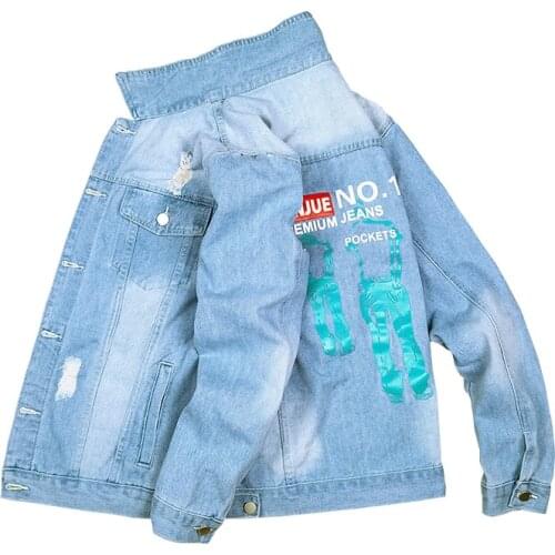 Autumn new men jacket trendy printed denim jacket handsome Streetwear Jeans Coats Ripped Outerwear Stretch thin Coats