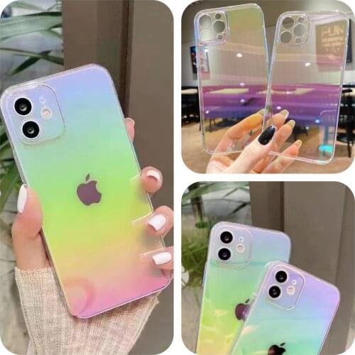 Fashion Blue-Ray Gradient Laser Reflection Mirror Case for iPhone 12/11 ProMax XR XS Max 8 7 Plus Transparent Hard PC Capa Funda