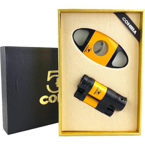 COHIBA Cigar Lighter Torch Set Cutter Set 2 Jet Flame Gas Cigar Accessories Tool Butane Cigarette with Cigar Punch for Gift Box