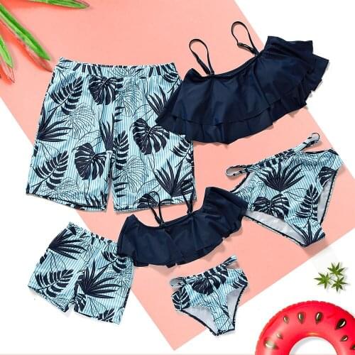 Outfits Father Son Swim Trunks Family Matching Swimsuit Boat-Neck Mother Daughter Swimwear Leaf Mommy and Me Beach Dress Clothes