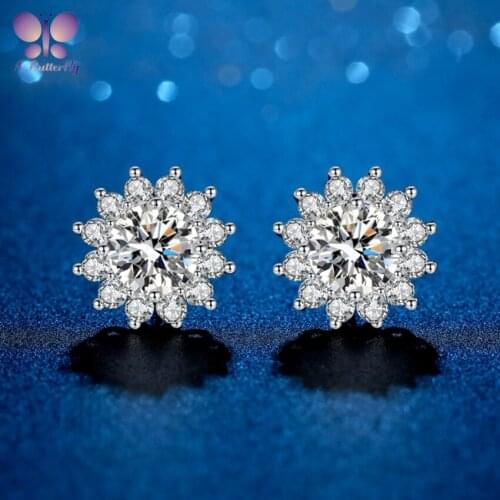 925 Sterling Silver Moissanite Halo Earrings Sun Flower 0.5 1.0 CT Round Cut Very Shiny Wedding Jewelry Quality Assurance