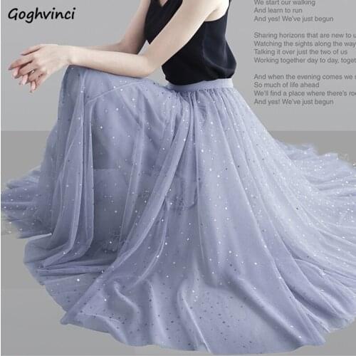 Mesh Skirts Women Fairy Gentle A-line Elastic Waist Irregular Mid-calf Skirt Female Elegant Pleated Sweet Girl Outwear Faldas OL