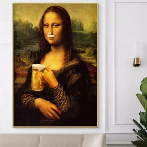 Funny Mona Lisa Drink and Smoking Posters Wall Art Canvas Print Pictures Da Vinci Famous Paintings for Home Living Room Decor