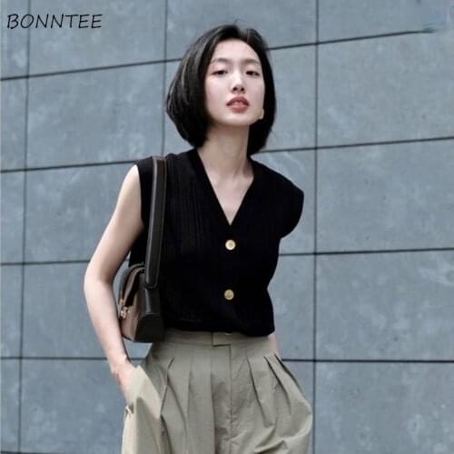 Women Vest Summer Metal Button Elegant Female V-neck Casual All Match Sweater Fashion Korean Style Sleeveless Retro Streetwear
