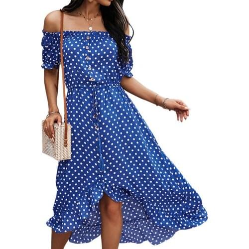 Sexy Off shoulder Summer Women Dress 2021 Fashion Blue Dot print Asymmetrical Midi Sundress Elegant Puff Sleeve Vestidos