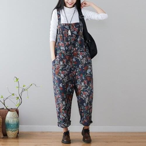 Vintage washed denim jumpsuit printed long wide leg harem Pants plus size loose Jumpsuit for women adjustable patchwork overalls