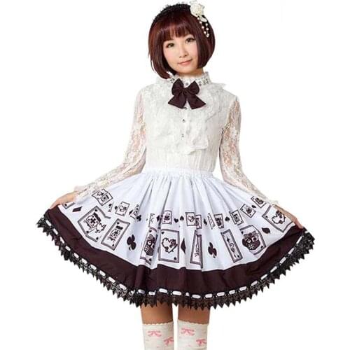 Girls white Lolita summer Skirt Lace trim Poker Printed japanese Polyester elastic waist