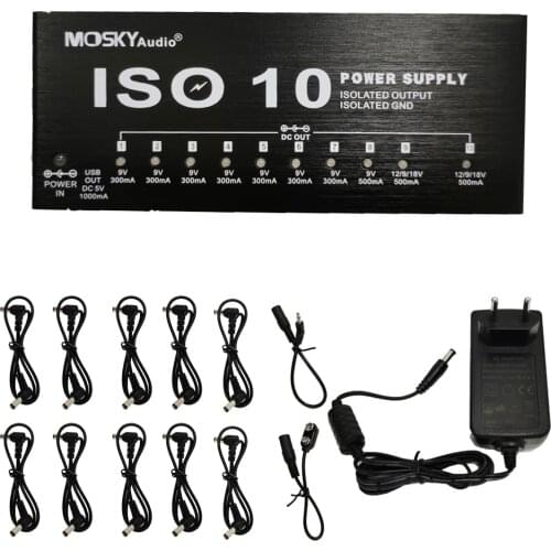 MOSKY ISO-10 Guitar Effect Pedal Power Supply 10 Isolated DC Outputs & One 5V USB Output for 9V 12V 18V Guitar Effects