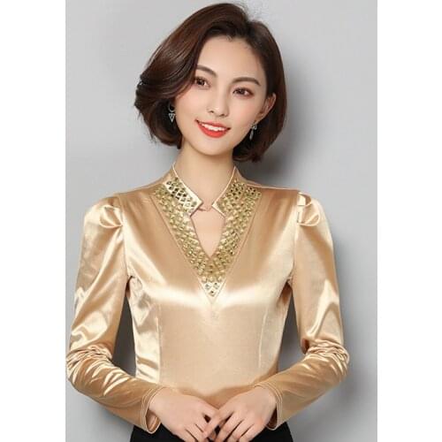 2019 Women silk satin blouse V-Neck Diamonds long sleeve shirts ladies office work elegant female Top high quality Blouses 3XL