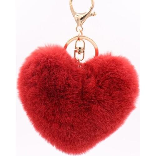 Heart Pom Pom Key Chain Faux Rabbit Fur Pom Poms Ball Lovely Car Handbag Key Ring Gift For Lady