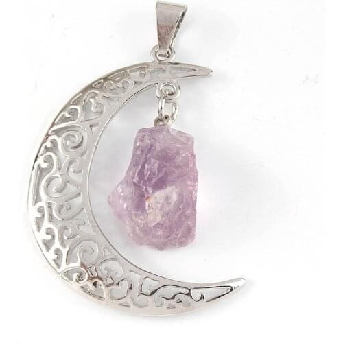 Trendy-beads Unique Design Silver Plated Irregular Shape Natural Amethysts Half Moon Pendant Charm Stone Jewelry