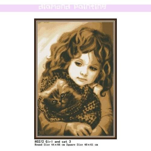 Girl and Cat 3 Full Round/Square Diamond Painting Pattern Portrait Mosaic Embroidery with Rhinestone, Wall Art, Drill Home Decor