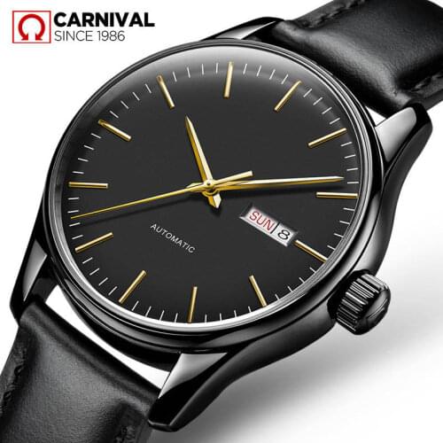 Carnival Fashion Business Men Automatic Watches Leather Strap Male Mechanical Watches Calendar Date Simple Clock montre homme