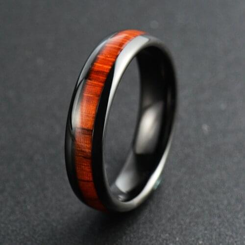 2019 Vintage 6MM Wdith Black Mens Stainless Steel Rings Koa Wood Inlay Comfort Fit for Engagement for Men Women Size 6-14