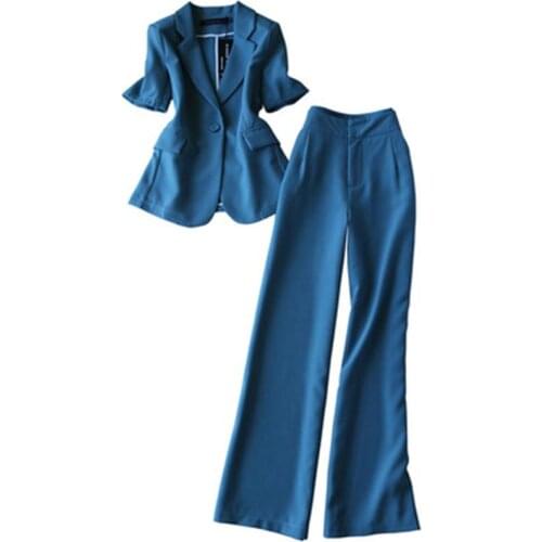 Fashion Pant Suit women autumn New high quality slim women office blazer + High waist wide leg long pants suit women blazer set