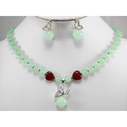 Beautiful jewelry green jades necklace butterfly pendant earrings set