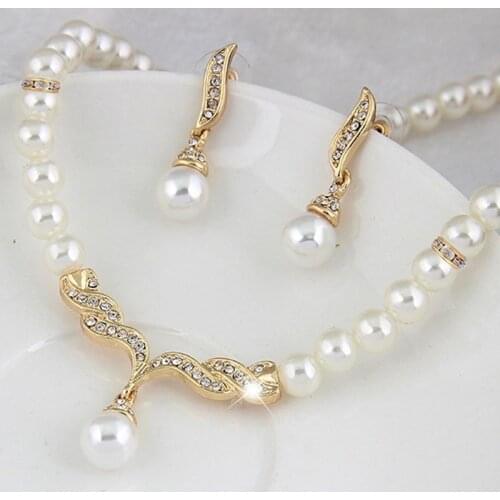 Creative Gold Color Necklace + 1 Pair Earrings Wedding Bridal Pearl Jewelry Set for Women Lady Female