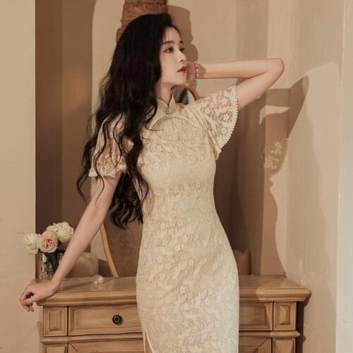 Mid-Length Lace Retro Cheongsam Dress Chinese Style Dress Qipao Fashion High Quality Improved Self-Cultivation Banquet Catwalk
