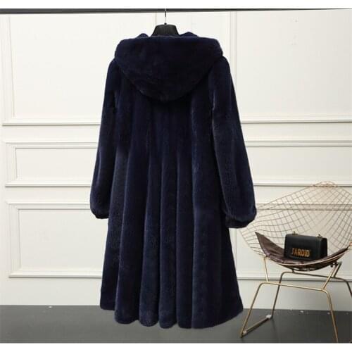 New Navy Blue Long Jacket Women Artificia Mink Fur Velvet Hooded Super Warm Windproof Casual Outdoor Women' Coat Female Mantua