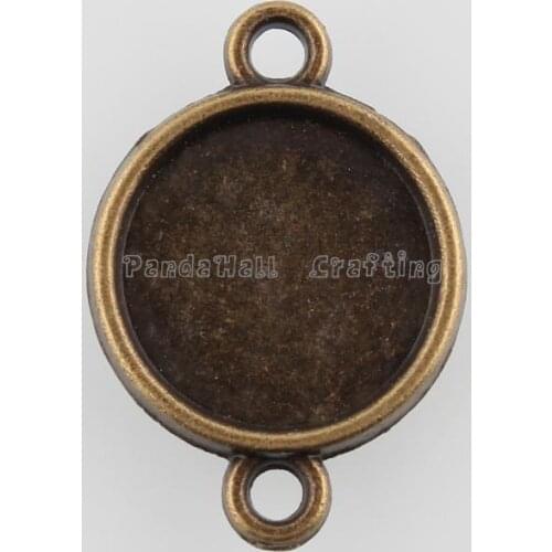 Flat Round Alloy Cabochon Connector Settings, Nickel Free, Antique Bronze, Tray: 12mm; 21x15x2mm, Hole: 1.5mm; about 1110pcs/kg