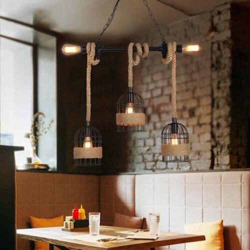 Loft industrial hemp rope pendant light farmhouse kitchen lighting Black Cage iron rustic lamp fixtures