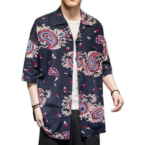 Chinese print short sleeve shirt Japanese casual summer beach shirt