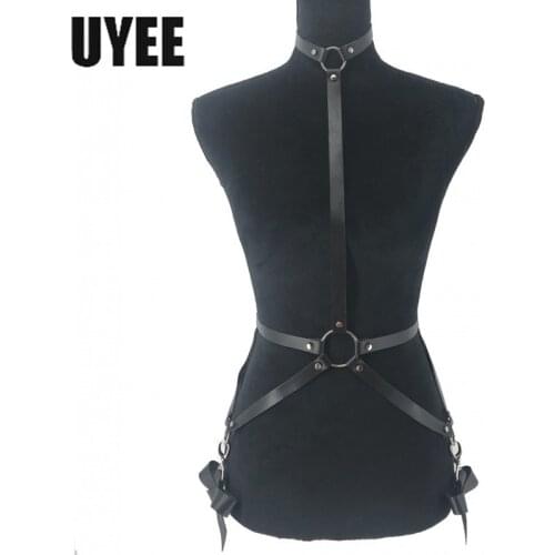 UYEE Women Sexy Body Bondage Bow-knot Harness Lingerie Strap PU Leather Gothic Suspender Chest Harness Neck Clubwear Garter Belt