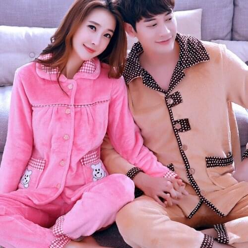 Adult Coral Fleece Pajamas Couples Thickened Flannel Homewear Long Sleeve Mens Velvet Nightwear Plus Size Sleep Suit D-2085