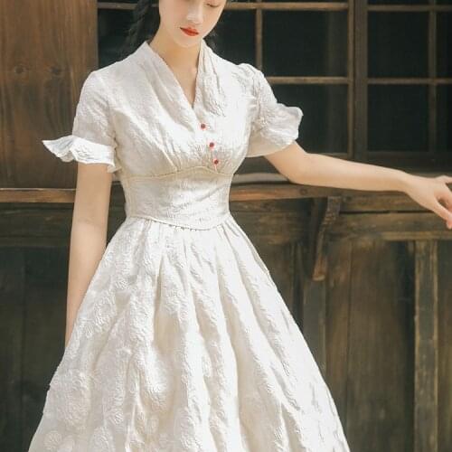 Jacquard Ruffled Short-sleeved Red Bean V-neck Slim High Waist Ethnic National Style Retro Improved Cheongsam Dress for Women