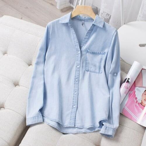 Fashion Denim Women Shirts Summer New 2021 Solid Turn-Down Collar Pocket Casual All Match Female Outwear Tops