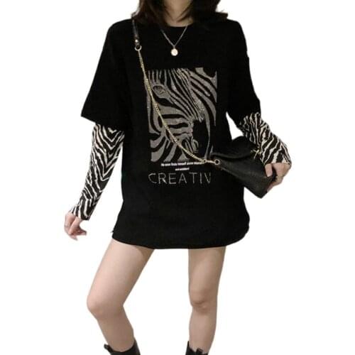 100% Cotton Hot Drilling Women Tshirts Zebra Stripes Stitching Fake Two-Piece T-shirts Harajuku Style White Black Tops for Women