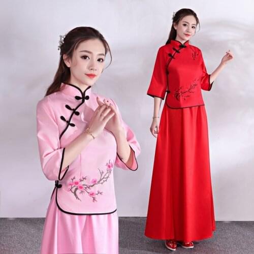 Chinese Style Vintage Outfits For Women Cheongsam Hanfu Dress Shanghai Tang Clothes Womens Two Piece Sets 2019 Skirt Set TA1305
