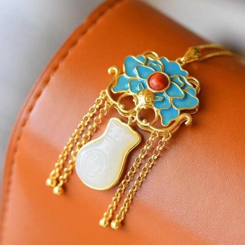 Ethnic Style Necklace Womens Sterling Silver Cloisonne Peony Hetian Jade Lucky Bag Pendant Womens Retro Temperament to Give Mo