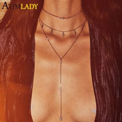 New Wedding Engagement Fashion Jewelry Marquise Cubic Zirconia Cz Drop Charm Statement trebling Y Layer Elegant Necklace