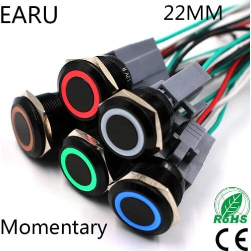 22mm Alumina Black Body Press Metal Push Button Switch Waterproof Momentary Reset LED Light Car Engine PC Power 5V 12V 24V 220V