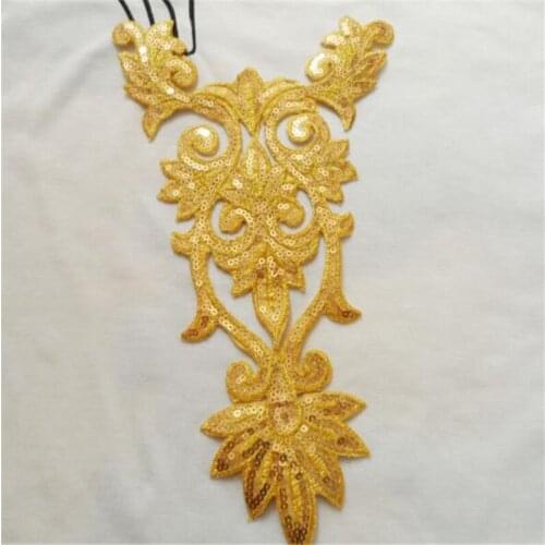 25*16cm gold embroidery Iron stick Dress lace applique flower patch dancing garment accessories patches for clothing