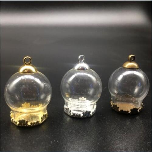 3 sets 20*15 mm Clear round glass globes bubble metal flower base tray jewelry finding cap necklace vial pendant wishing bottles