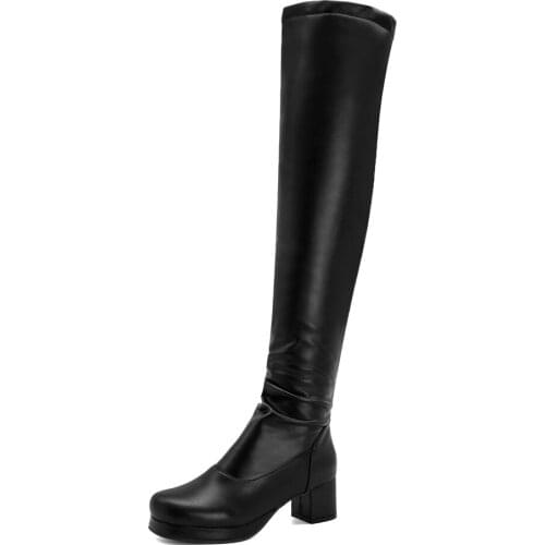 Oversized Stretch PU Thick Heel Platform Over-The-Knee Boots Thick Heel Flock Flock Synthetic Short Plush Elastic Sleeve Shoes