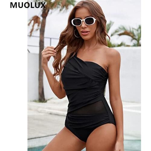 One Piece Swimsuit 2021 New Arrival One Shoulder Solid Black Color Swimwear Net Yarn Push Up Tummy Control Female Bathing Suit