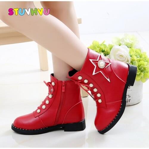 Childrens Boots Girls Martin Boots Winter 2020 New Pearl Leather Princess Kids Short Boots Plus Velvet Warm Little Girl Shoes