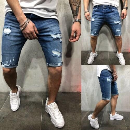 Hot Knee Length Short Jeans Mid Waist Slim Elastic Stretch Solid Color Casual Ripped Trousers for Men Jogger Streetwear