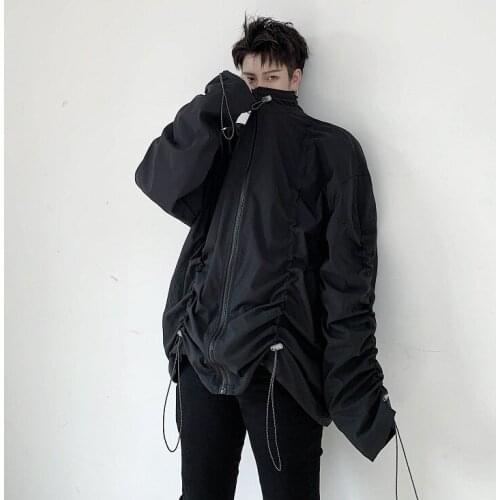 Men Jackets And Coats Spring Solid Color Cotton Alternative Drawstring Pleated Stand Collar Tide Brand Loose Personality Clothes