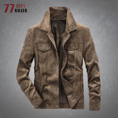 Suede Leather Jackets Mens Casual Business Multi Pockets Solid Color Lapel Motorcycle Imitation Leather Coats Male Loose Outwear
